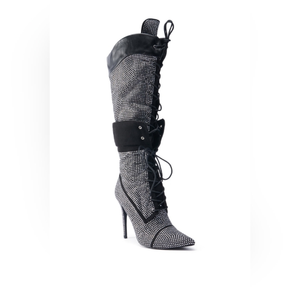 AZALEA WANG "HEIDI'S DILEMMA" Elegant Black and Silver Women's Knee-High Boots